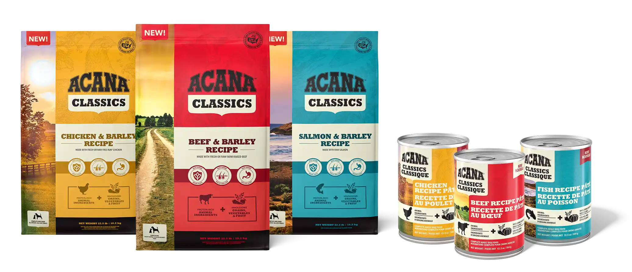 Complete ACANA Classics product lineup showing dry food bags and wet food cans